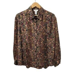 K. Arnold 100% Silk Paisley Blouse Button Down Top L